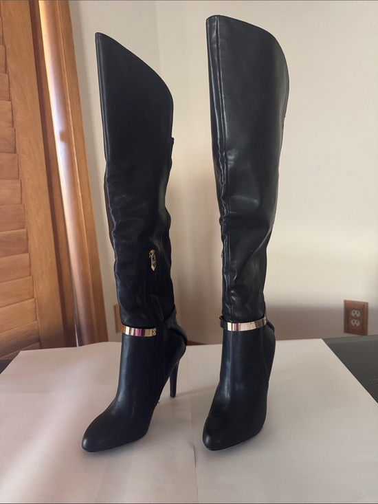 Fergie Shoes - Fergie Black Over-the-Knee Stiletto Boots with Gold Accent Band